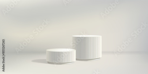White poduim bg, ribbed column pillar 3d render. Product discount marble stand, fluted elegant pedestal on pastel limbo. Cosmetic promotion empty stage, museum exhibition display. Two grey bases