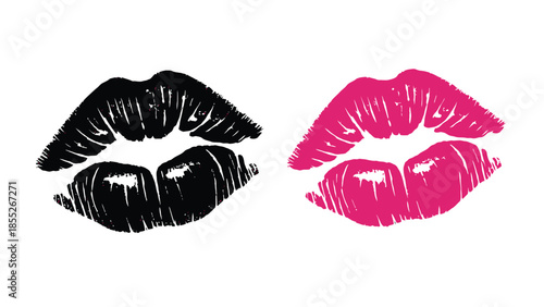 A striking graphic featuring two distinct lip print silhouettes in contrasting colors