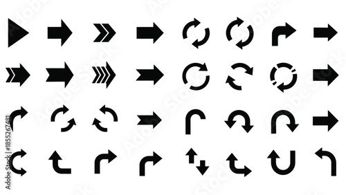 Collection of various black arrow symbols and circular rotation icons