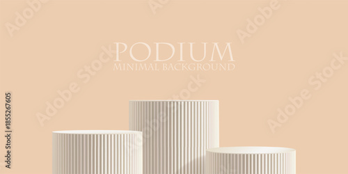 Marble product podium on beige background, 3d render of white fluted pillar platform in premium elegant studio. Realistic shadow overlay, bright spotlight. Ramadan ribbed cosmetic platform three steps