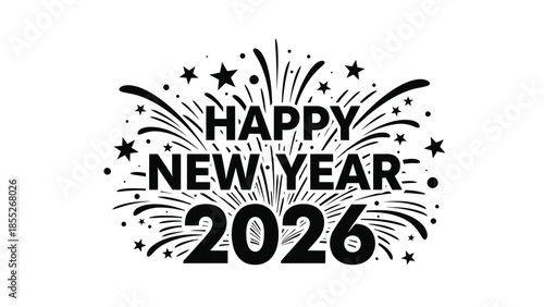 Festive new year celebration graphic with fireworks and the year 2026