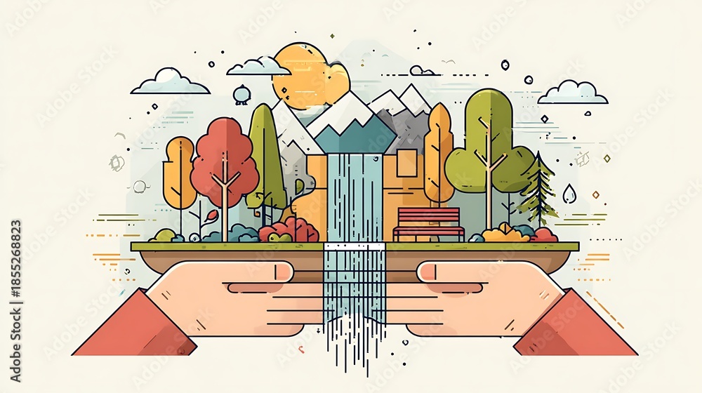 Fototapeta premium Stylized illustration of hands holding a miniature park with waterfall and mountains nature photo