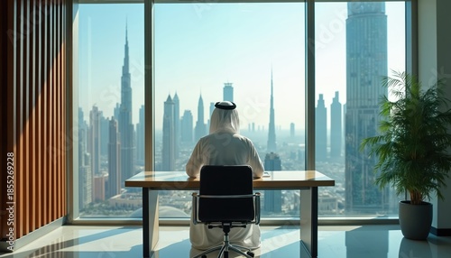 Arabian man in traditional kandura sits at desk looking at Dubai skyline. Tall skyscrapers dominate cityscape view from modern office window. Business ambition success.
