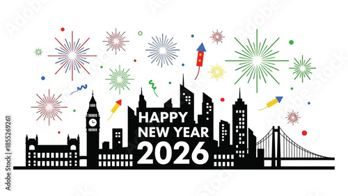 Festive fireworks illuminate the london skyline celebrating a happy new year 2026