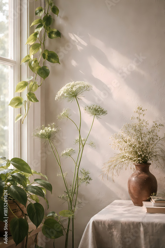 Sunlit Minimal Interior with Plants and Natural Textures