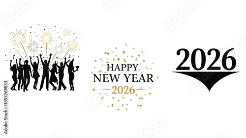 Celebratory scene with silhouettes confetti and the year 2026 displayed prominently