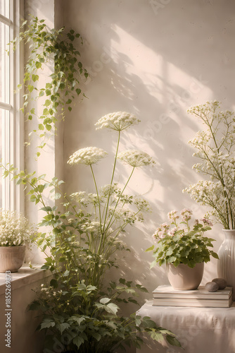 Sunlit Indoor Plants by Window in Soft Natural Light