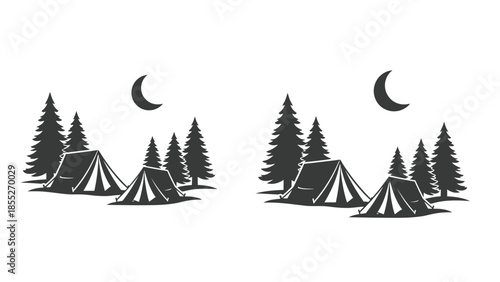 Silhouette of camping tents amongst pine trees under a crescent moon