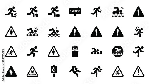 Collection of black and white warning and safety symbols displayed in a grid
