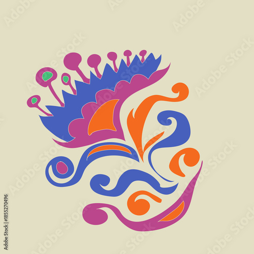 Stylized colored  leaves, flower, spirals. Hand drawn.