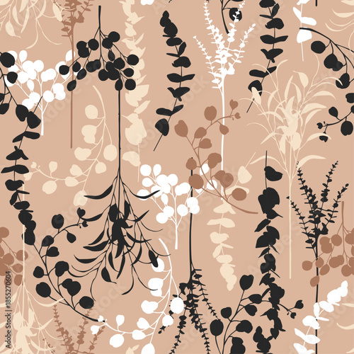 Rapport seamless Patron sin costuras Eucaliptus y flores silvestres siluetas  