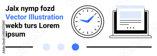 Clock with blue hands, laptop displaying a webpage, text placeholders, progress indicators. Ideal for productivity, digital design, time tracking, workflow, online learning technology simple