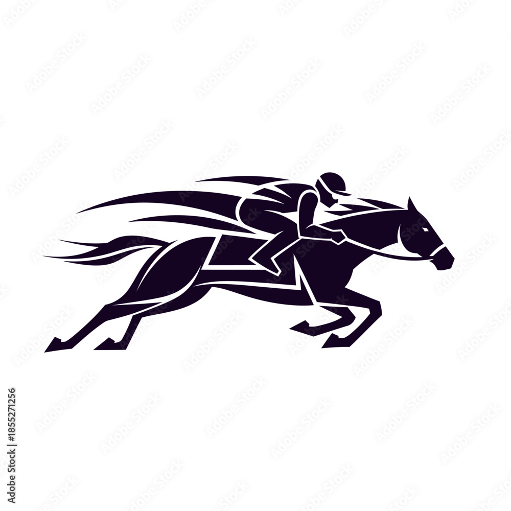 Fototapeta premium Dynamic black and white stylized horse racing with a jockey embracing speed