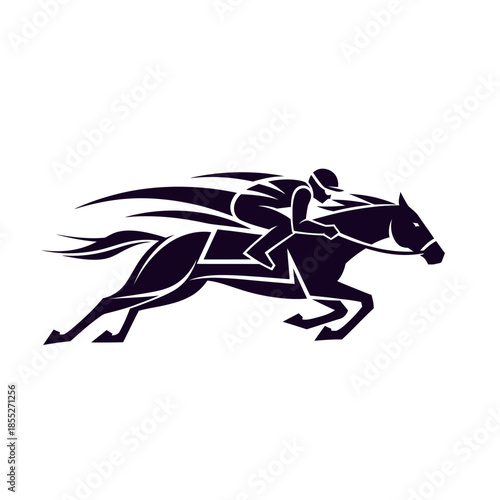 Dynamic black and white stylized horse racing with a jockey embracing speed