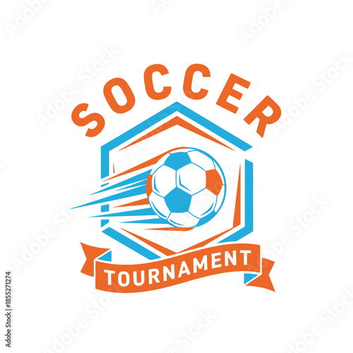 Dynamic soccer tournament emblem featuring a goalpost and flying ball design