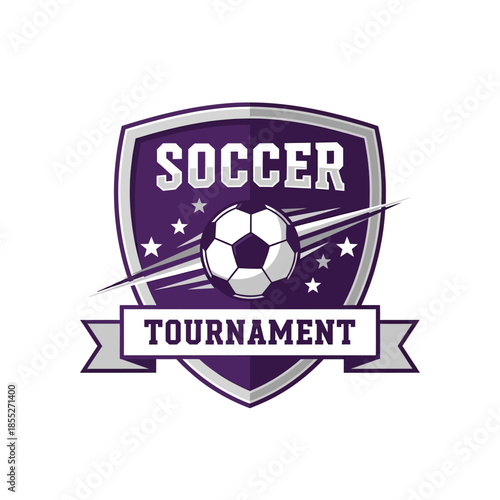 Dynamic soccer tournament emblem with a fierce soccer ball and playing field