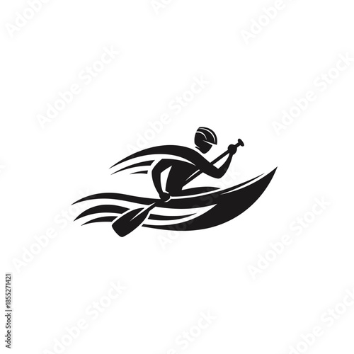 Minimalist Illustration of a Person Kayaking Through Rapid Waters in Black and