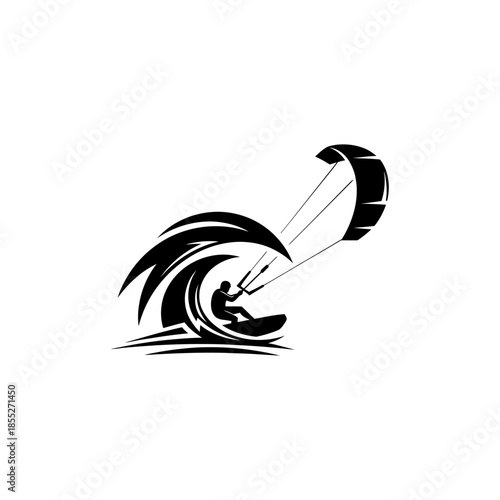 Dynamic silhouette of a kite surfer navigating powerful ocean waves at sunset