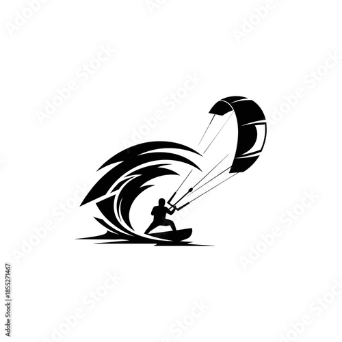 Dynamic silhouette of a person kite surfing over stylized waves on a white