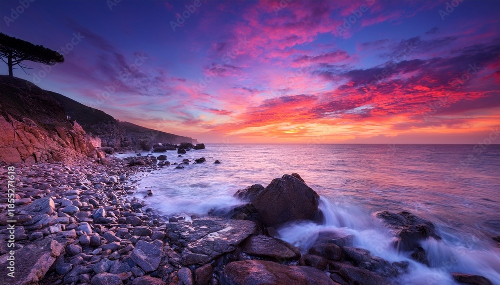 Obraz premium A Serene Coastal Scene At Dawn Showcases Vibrant Hues In The Sky Above A Calm Ocean Gently Caressing The Rocky Shore