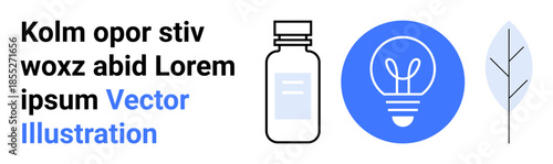 Innovation, sustainability, healthcare, renewable energy, eco-consciousness, minimalism. Minimal design elements including a medicine bottle, light bulb and leaf. Innovation and sustainability