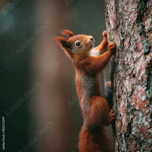Adorable Red Squirrel on Tree Trunk