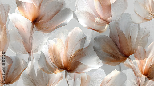 Wallpaper Mural Semi-transparent, delicate silky flowers, petals overlapping, white background. Beautiful artistic floral wallpaper. Stock Illustration Torontodigital.ca