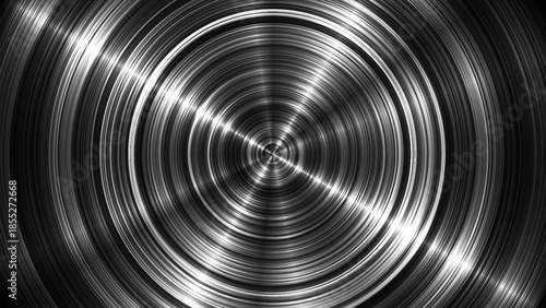 Circular metal structure with dynamic anisotropic highlights. Radial brushed metal surface with flowing light reflection. Futuristic metallic background inspired by engineering and industrial material