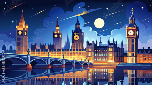 Very beautiful night view of Big Ben and the Houses of Parliament illuminated against the dark sky, reflecting elegantly on the River Thames in a timeless London cityscape.