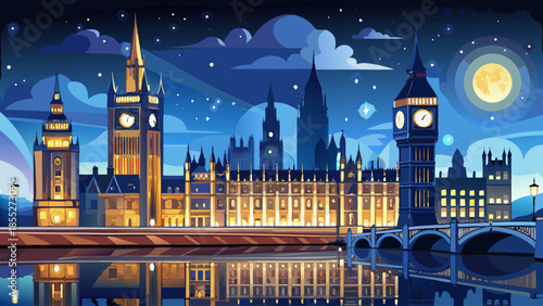 Very beautiful night view of Big Ben and the Houses of Parliament illuminated against the dark sky, reflecting elegantly on the River Thames in a timeless London cityscape.