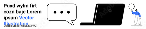 Speech bubble with three dots, laptop, and person holding a balloon. Ideal for communication, technology, messaging, business, connection, teamwork minimal design simple landing page