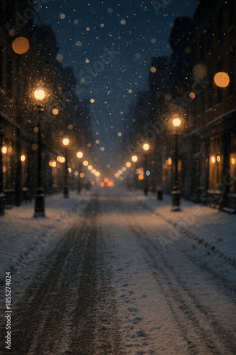 Wallpaper Mural Snowy Urban Street at Night with Glowing Bokeh Lights and Cinematic Winter Mood Torontodigital.ca