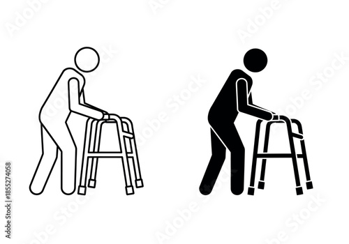 An illustration depicting an elderly person using a walking aid for mobility and support high quality