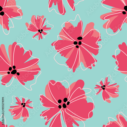 Flores planas trazos siluetras patron seamless sin construras, rapport en vector