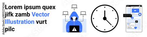Cybersecurity, hacking, time tracking, online security, technological advancement, digital workflows. A hacker in a hooded sweatshirt, a clock and a smartphone interface. Cybersecurity and time