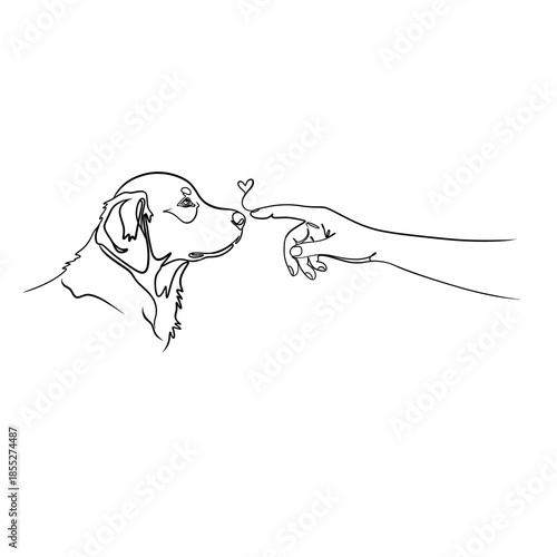 Minimal continuous line art illustration of a human hand touching a dog nose with a heart symbol, representing love and trust between human and pet.