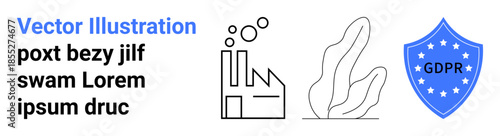 Data security, environmental protection, compliance, privacy laws, industrial impact, digital safety. Factory releasing smoke, plant and GDPR shield icon. Data security and environmental protection