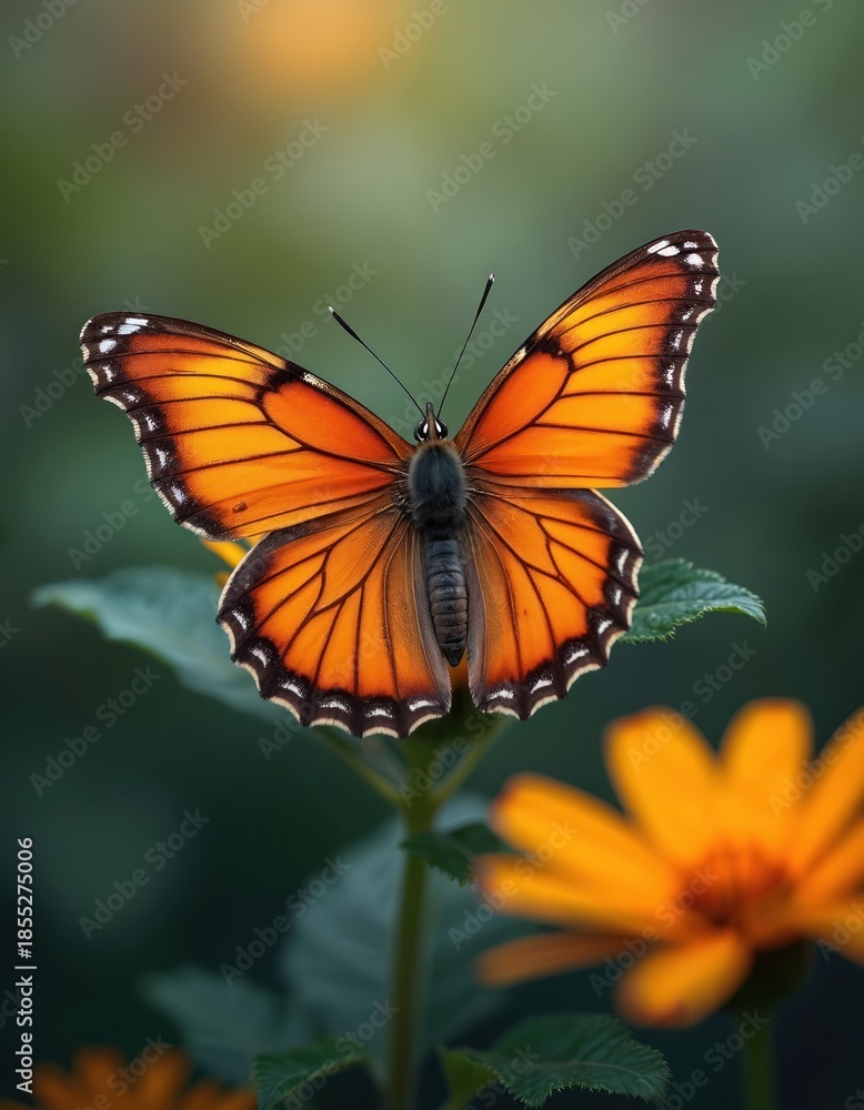 Fototapeta premium Orange butterfly rests on green plant stem. Delicate wings show detailed patterns. Nearby bright yellow flower blooms. Shallow focus blurs background.