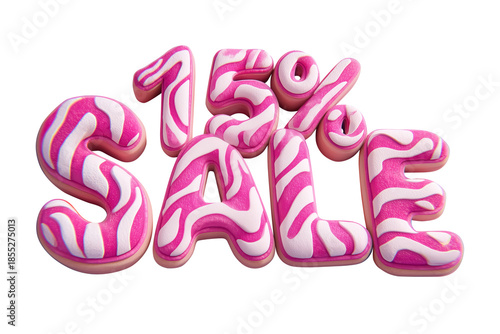 Pink and white zebra pattern text 15% SALE isolated on transparent background, png cutout. Design for sale, promotion, advertising, special offer, black Friday.

