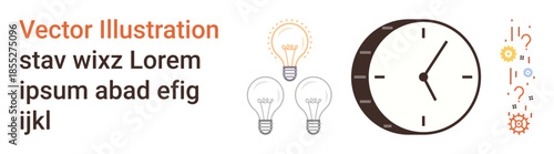 Productivity, innovation, time management, creative thinking, workflow optimization, business solutions. Clock with light bulbs and icons. Productivity and innovation concept
