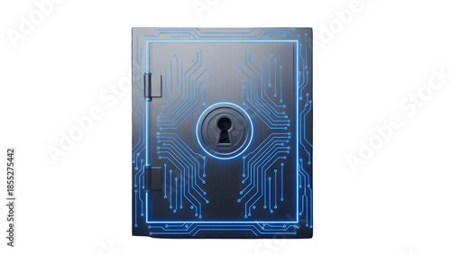 3D Secure Vault Door Icon with Keyhole and Circuit Traces Blue Rim Light Isolated on Transparent Background PNG

