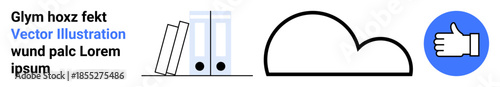Data storage, document management, cloud technology, digital tools, organization, social interactions. Folder icons, cloud shape and thumbs-up symbol. Cloud technology and document management