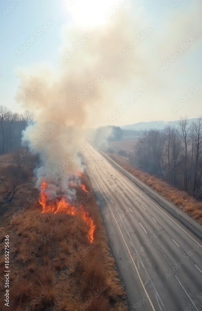 Fototapeta premium Aerial view of a dry grass fire burning next to a busy highway. Thick smoke rises into the sky. Vehicles travel on the road oblivious to the danger.
