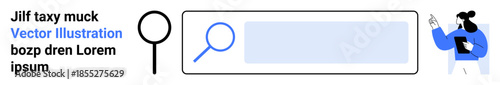 Online search, digital information, data exploration, analysis, user interface, technology interaction. Magnifying glass near search bar and person holding clipboard. Online search and digital