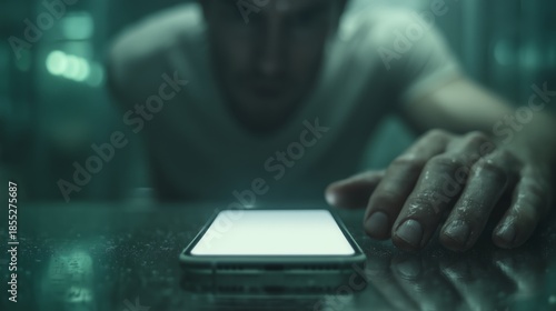 Mano tocando la pantalla de un móvil, Concepto de ciberseguridad y privacidad digital, adicción a redes sociales, adicto al móvil, Persona obsesionado con el smartphone 