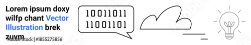 Digital transformation, creativity, innovation, cloud storage, problem-solving, data communication. Binary code in speech bubble with cloud and lightbulb. Technology and creativity concepts