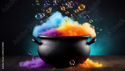 colorful clouds and bubbles erupt from a black cauldron against a dark background