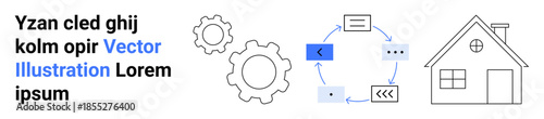 Workflow optimization, automation, digital processes, smart home systems, connectivity, gear integration. Circular digital workflow with icons, gear cogs and a house symbol. Workflow optimization