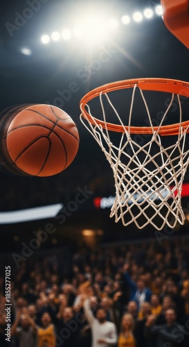 Basketball scoring a basket in crowded arena