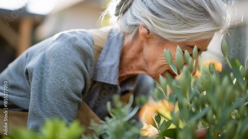 A woman is tending to a garden, smiling as she works. The scene is peaceful and serene, with the woman enjoying the outdoors and the beauty of nature